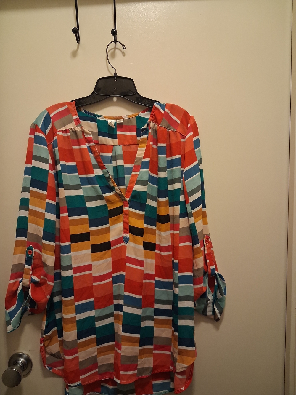 Striped Multicolor V-Neck Roll-Sleeve Tunic Top